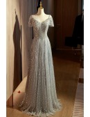 Gorgeous Silver Sequined Slim Long Tulle Prom Dress For Formal