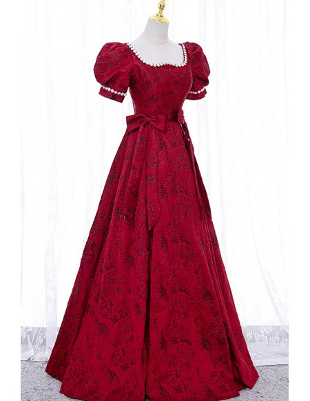 Burgundy Flowers Cute Bow Knots Long Party Dress With Short Sleeves