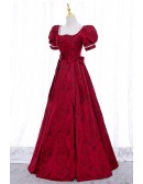 Burgundy Flowers Cute Bow Knots Long Party Dress With Short Sleeves