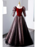 Retro Burgundy Ballgown Party Prom Dress With Sleeves