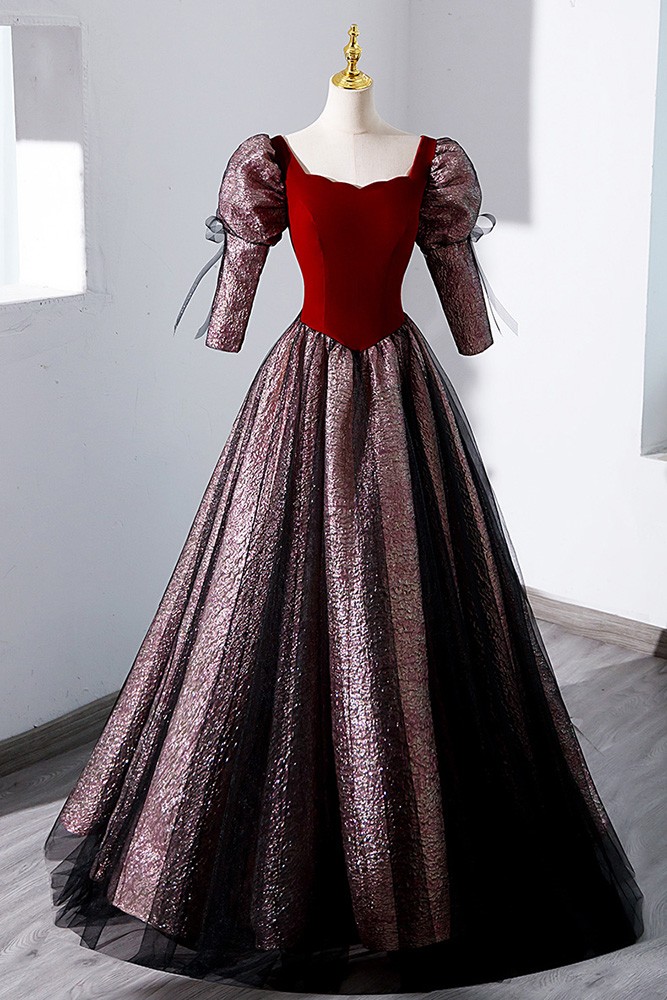 Retro Burgundy Ballgown Party Prom Dress With Sleeves #MX17007 ...