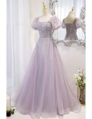 Purple Square Neck Sequined Tulle Prom Dress With Bling Short Sleeves