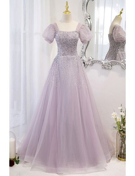Purple Square Neck Sequined Tulle Prom Dress With Bling Short Sleeves
