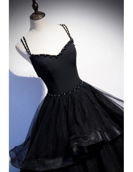 Formal Long Black Ruffled Tulle Evening Prom Dress With Sequined Straps