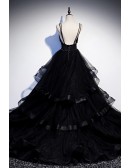 Formal Long Black Ruffled Tulle Evening Prom Dress With Sequined Straps