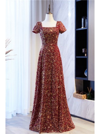Modest Sequined Burgundy Long Formal Dress With Square Neckline