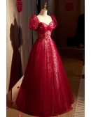 Gorgeous Sweetheart Burgundy Long Tulle Prom Dress With Bubble Sleeves