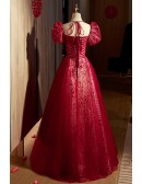 Gorgeous Sweetheart Burgundy Long Tulle Prom Dress With Bubble Sleeves