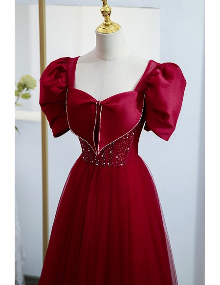Burgundy Aline Long Tulle Retro Prom Dress With Square Neckline