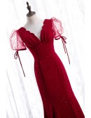 Burgundy Mermaid Slim Long Prom Dress Vneck With Short Sleeves