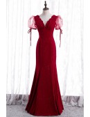 Burgundy Mermaid Slim Long Prom Dress Vneck With Short Sleeves