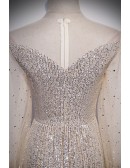 Fancy Champagne Sequined Slim Long Prom Dress With Lantern Sleeves