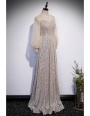Fancy Champagne Sequined Slim Long Prom Dress With Lantern Sleeves