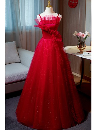 Red Tulle With Bling Formal Party Dress With Spaghetti Straps
