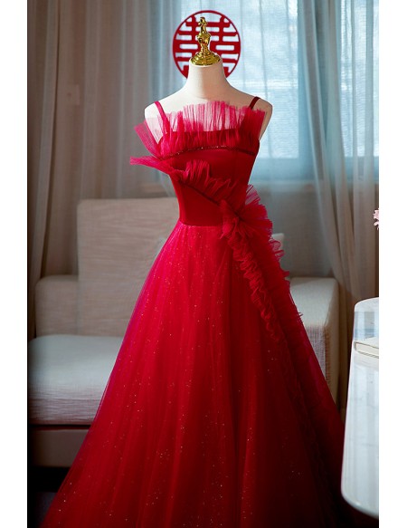 Red Tulle With Bling Formal Party Dress With Spaghetti Straps