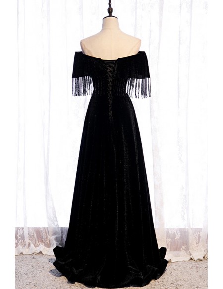 Slim Long Black Velvet Evening Prom Dress With Bling