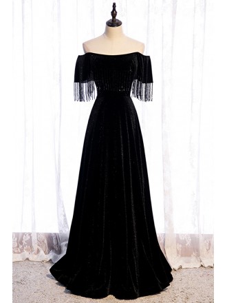Slim Long Black Velvet Evening Prom Dress With Bling