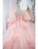 Romantic Pink Ruffled Flowers Ballgown Prom Dress Unique With Bubble Sleeves