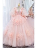 Romantic Pink Ruffled Flowers Ballgown Prom Dress Unique With Bubble Sleeves