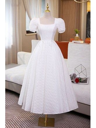 French Romantic Tea Length White Square Neck Party Dress