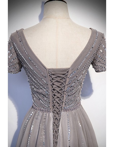 Elegant Grey Sequined Aline Tulle Evening Prom Dress With Vneck