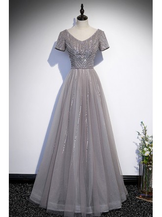 Elegant Grey Sequined Aline Tulle Evening Prom Dress With Vneck
