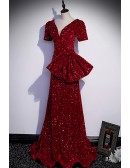 Burgundy Formal Long Sequined Evening Party Dress With A Big Bow