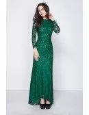 Gorgeous Dark Green Long Sleeved Full Lace Mermaid Evening Dresses with Open Back