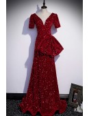Burgundy Formal Long Sequined Evening Party Dress With A Big Bow