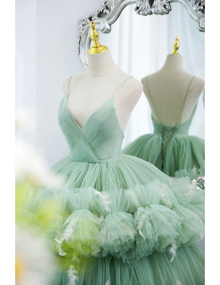 Fancy Pleated Green Tulle Big Ballgown Prom Dress With Deep Vneck