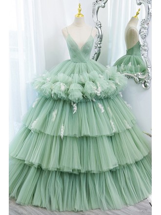 Fancy Pleated Green Tulle Big Ballgown Prom Dress With Deep Vneck