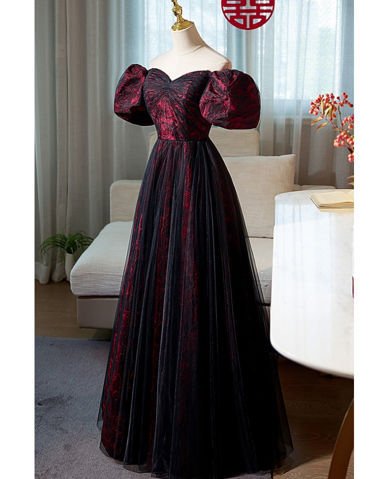 Off The Shoulder Flowers Burgundy Tulle Long Prom Dress