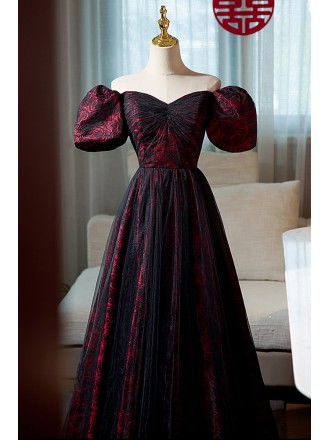 Burgundy With Tulle Flowers Long Prom Dress With Off Shoulder Sleeves