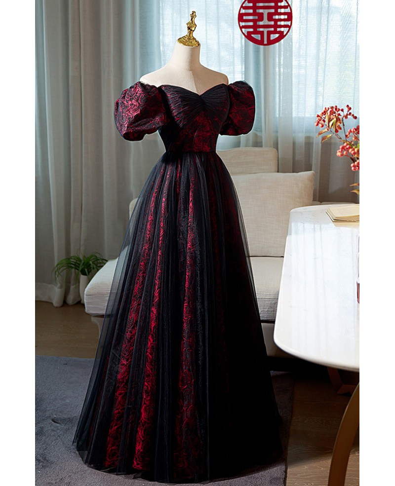 Off The Shoulder Flowers Burgundy Tulle Long Prom Dress