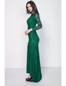 Gorgeous Dark Green Long Sleeved Full Lace Mermaid Evening Dresses with Open Back