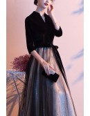 Elegant Long Black Tulle With Velvet Formal Dress With Sleeves
