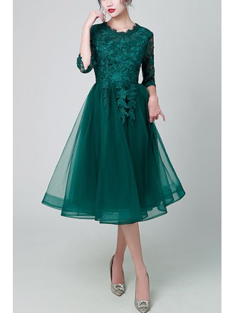 Pretty Green Lace Midi Tulle Party Dress For Semi Formal
