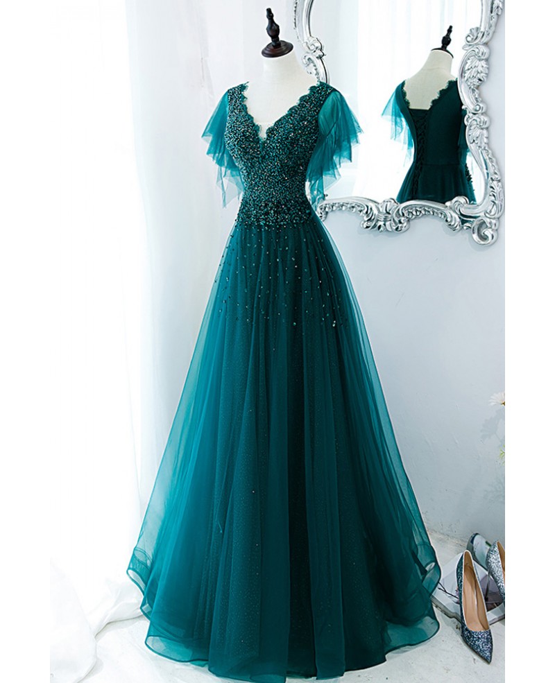 Gorgeous Dark Green Flowy Tulle Prom Dress Vneck With Puffy Sleeves # ...