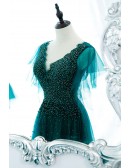 Gorgeous Dark Green Flowy Tulle Prom Dress Vneck With Puffy Sleeves