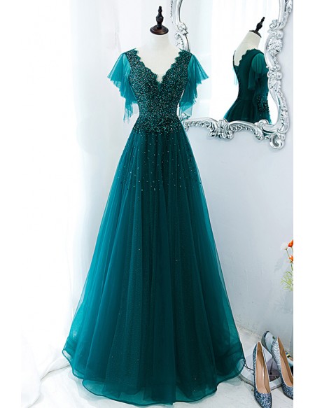 Gorgeous Dark Green Flowy Tulle Prom Dress Vneck With Puffy Sleeves