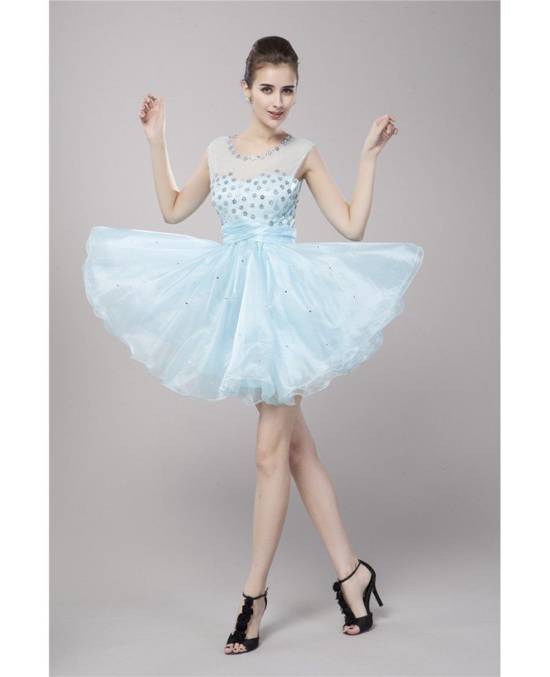 knee length dresses for ladies Blue A-line Lace Short Prom Dress, Blue Cute Homecoming Dress – dresstby main image 1