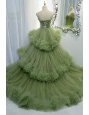 Stunning Green Tiered Pleated Tulle Formal Prom Dress With Straps
