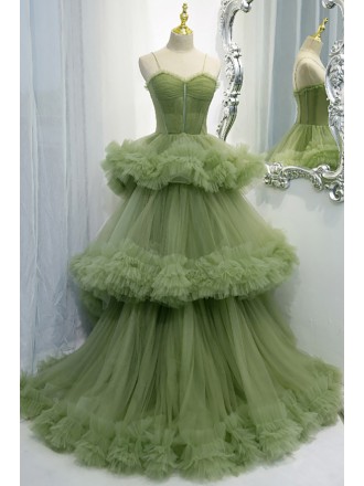 Stunning Green Tiered Pleated Tulle Formal Prom Dress With Straps