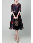 Vintage Floral Prints Midi Party Dress With Short Sleeves
