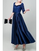 Navy Blue Maxi Satin Pleated Party Dress With Square Neckline