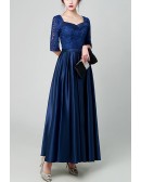 Navy Blue Maxi Satin Pleated Party Dress With Square Neckline