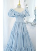 Fairy Blue Pleated Unique Prom Dress With Bubble Sleeves