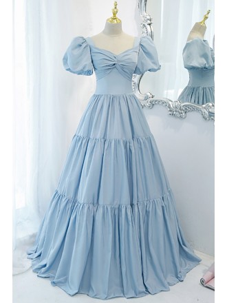 Fairy Blue Pleated Unique Prom Dress With Bubble Sleeves