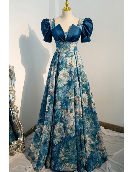 Blue Floral Unique Patterns Formal Party Dress