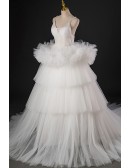 White Pleated Tiered Ballgown Formal Prom Dress With Straps